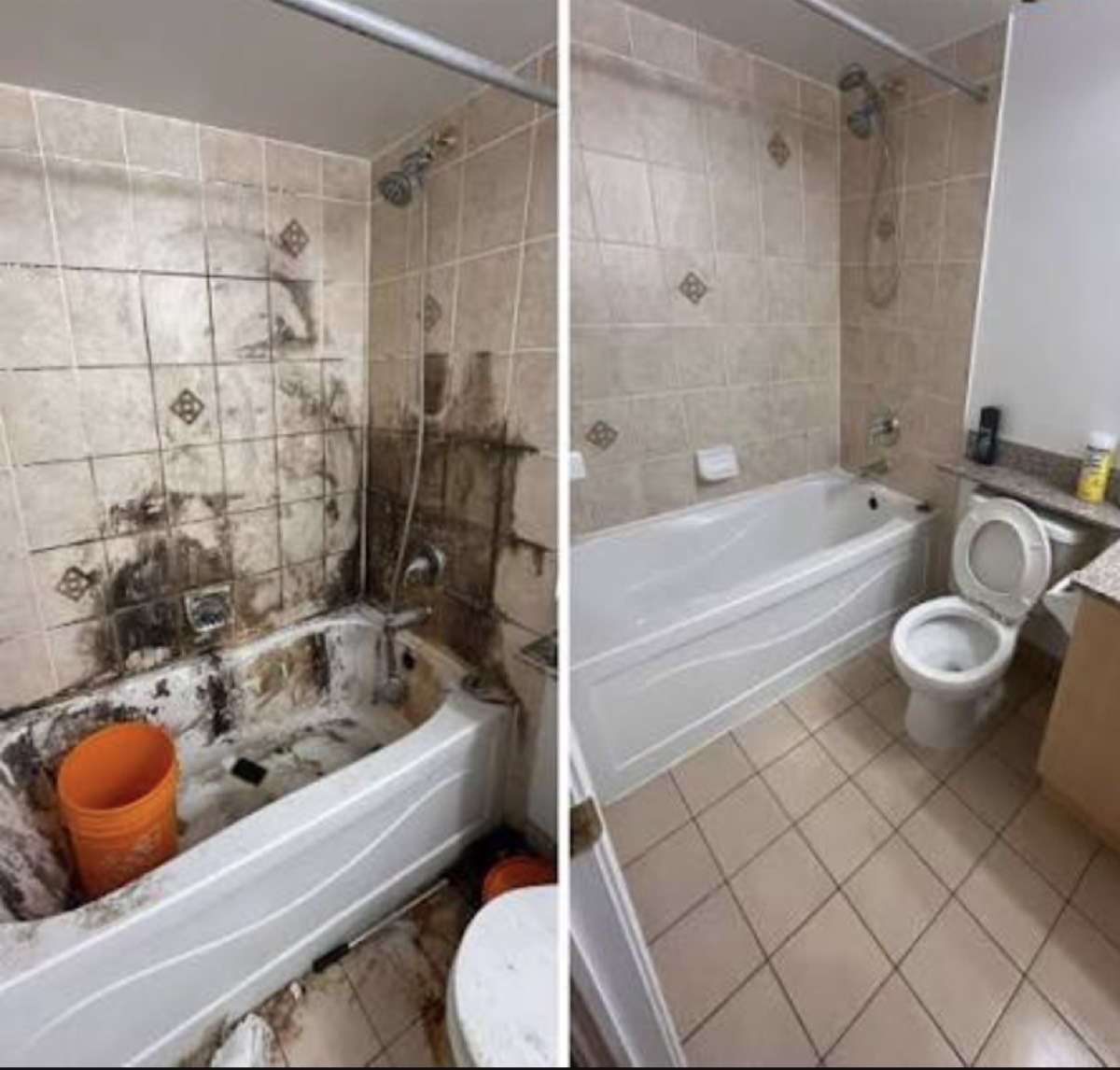Baño antes y después: azulejo con moho y tina sucia a la izquierda; azulejo, tina y piso limpios a la derecha
