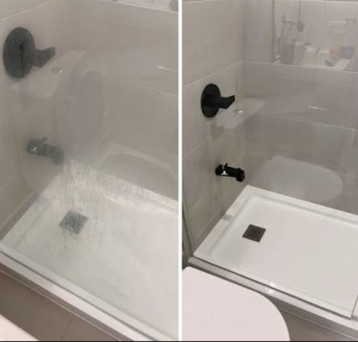Regadera antes y después: mampara opaca por sarro a la izquierda; mampara y plato de ducha transparentes y limpios a la derecha